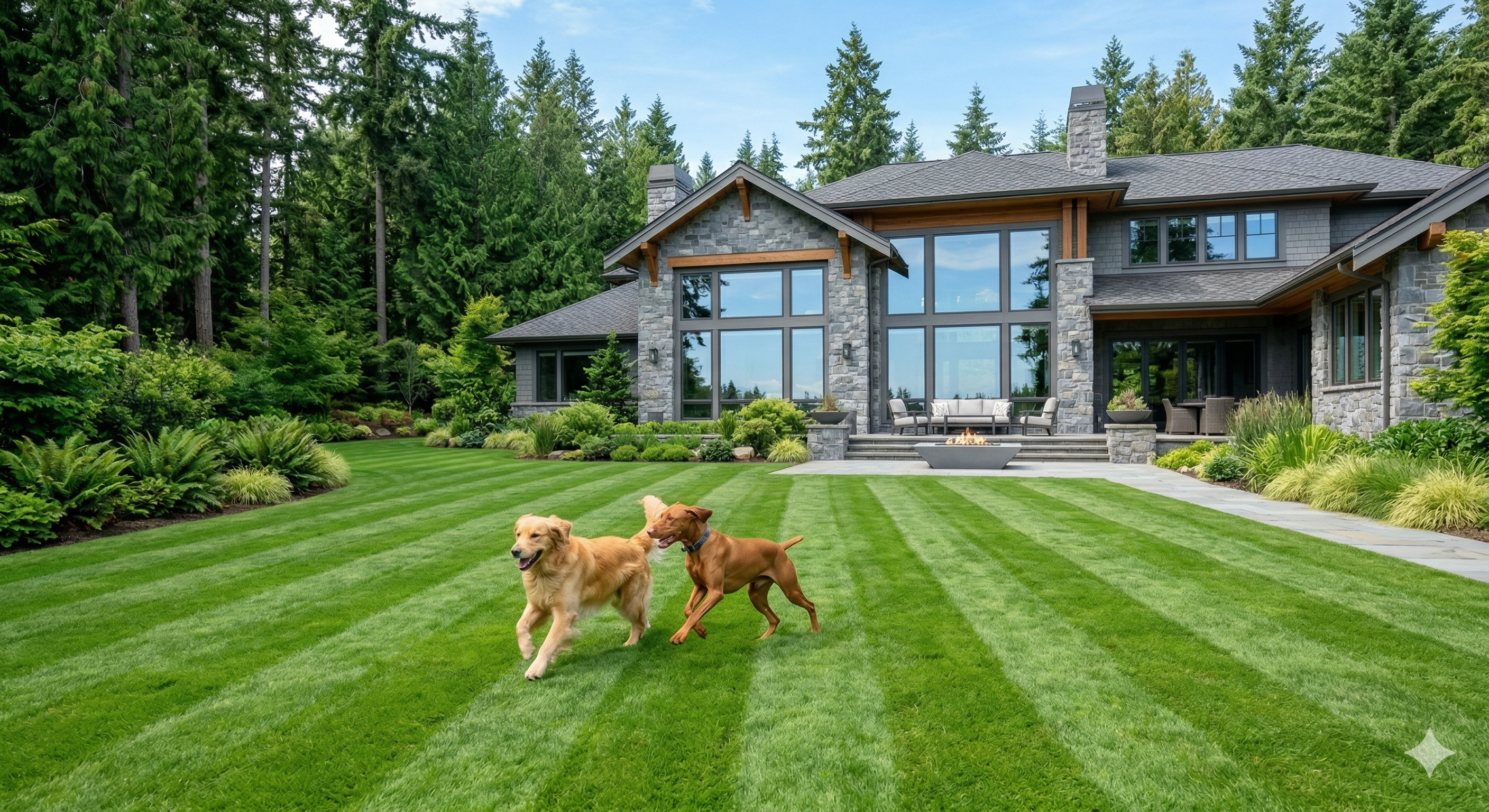 Two dogs running on a manicured lawn at a premium Pacific Northwest home