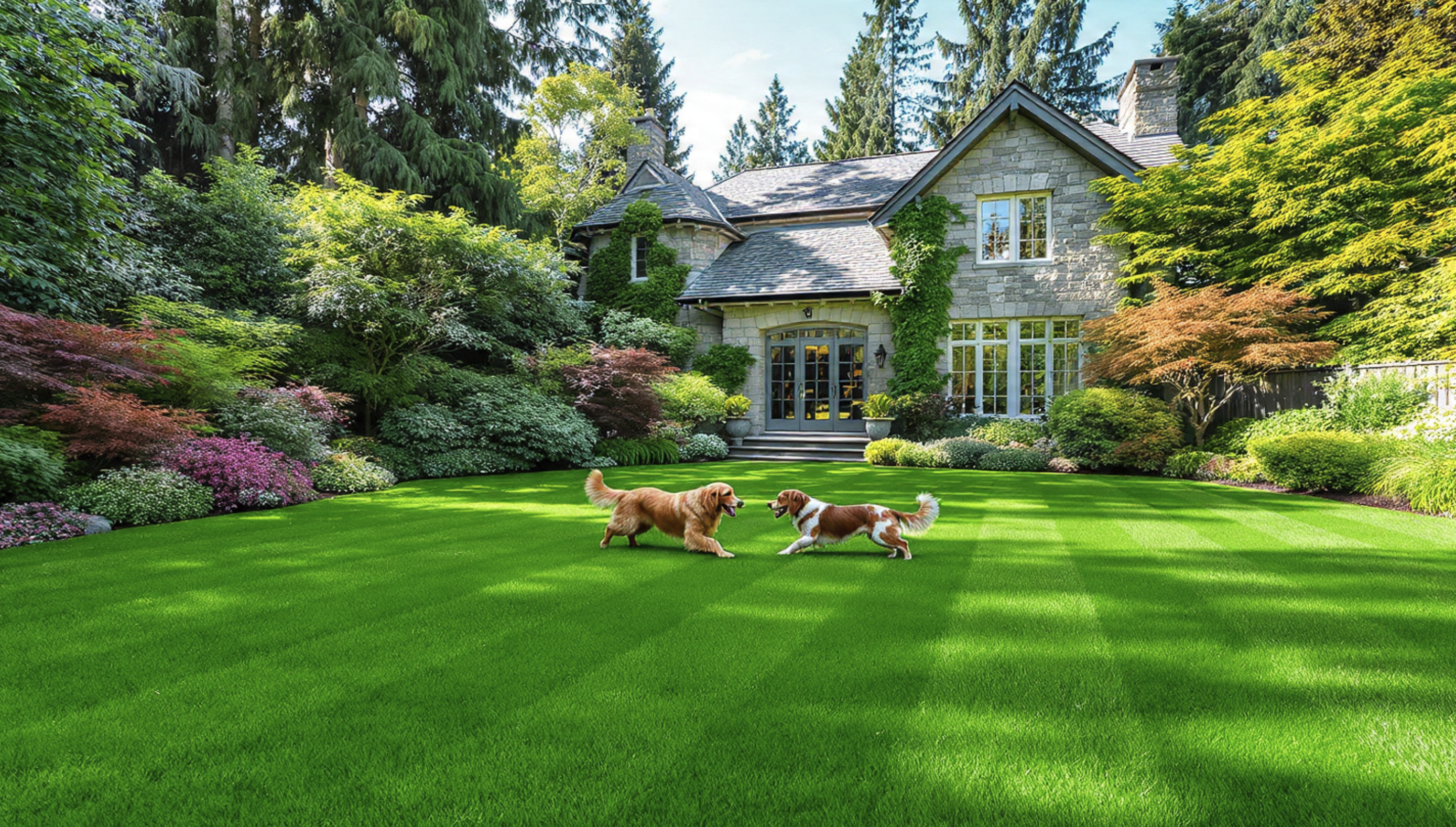 Dogs playing on pristine lawn at a luxury Seattle-area estate
