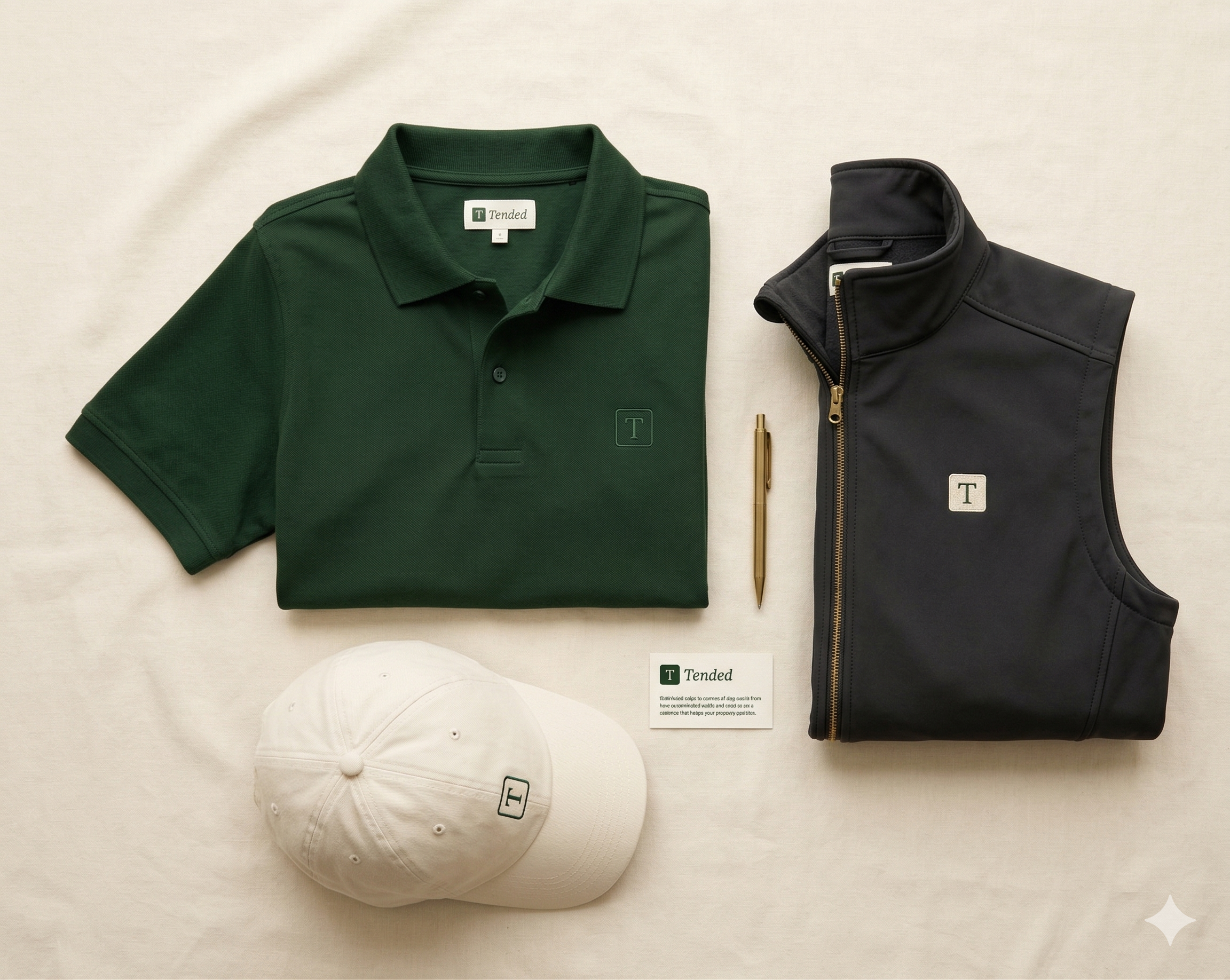 Tended team apparel — forest green polo with embroidered monogram, charcoal technical vest, and branded cap