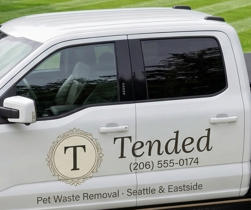 Tended branding on service vehicle door — logo, phone number, and service description